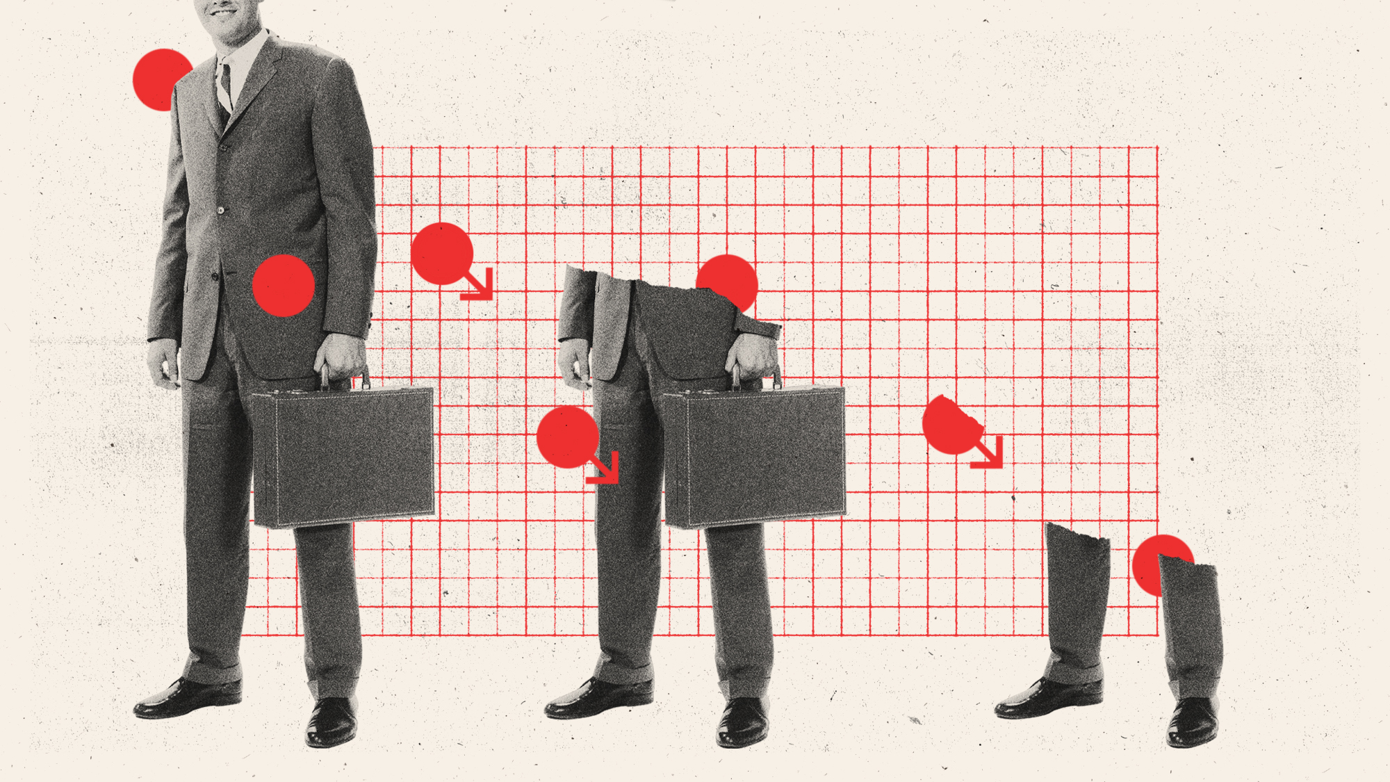 Photo collage illustration of an old fashioned businessman with a briefcase deteriorating across a line graph