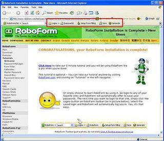 After the installation is completed, you are congratulated for successfully installing RoboForm2Go and shown how to get more help and other information on the product. Notice that RoboForm2Go is already installed in this Internet Explorer window even thou