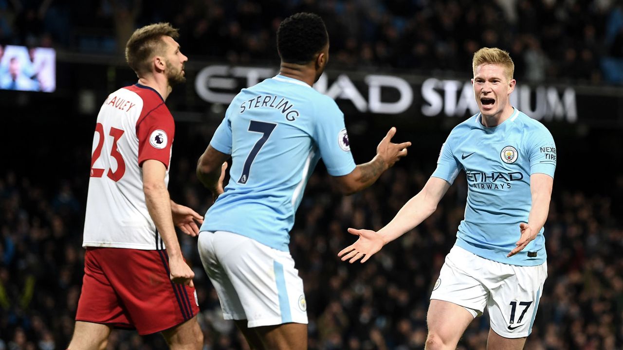 Kevin de Bruyne celebrates scoring Manchester City&amp;#039;s second goal in their victory over West Bromwich Albion