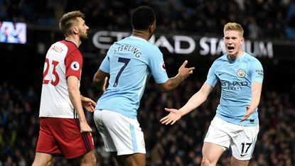 Kevin de Bruyne celebrates scoring Manchester City's second goal in their victory over West Bromwich Albion