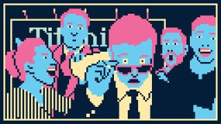 A group of blue fairies block the view of a billboard that says Titanium Court, each with expressive faces including the lead who peers over sunglasses