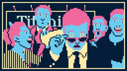 A group of blue fairies block the view of a billboard that says Titanium Court, each with expressive faces including the lead who peers over sunglasses