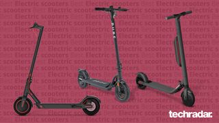 Three of the best electric scooters against a mauve background with the words 'best electric scooters' on it