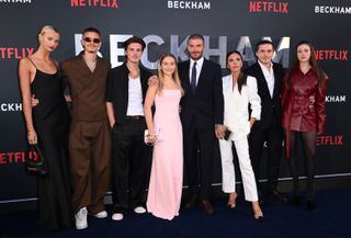 Mia Regan, Romeo Beckham, Cruz Beckham, Harper Beckham, David Beckham, Victoria Beckham, Brooklyn Beckham and Nicola Peltz attend the Netflix 'Beckham' UK Premiere at The Curzon Mayfair