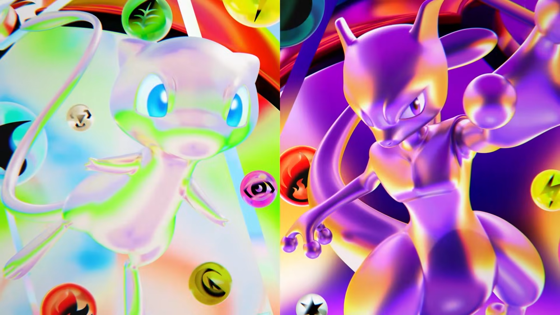 Glossy Mew and Mewtwo artwork showing them side by side in a colorful background