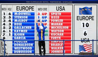 Photo of the Ryder Cup scoreboard from Gleneagles in 2014