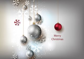 Christmas card template: Silver and red baubles with snowflakes and snow on a grey background