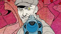 manic figure aiming down barrel of gun pointed at viewer in Fallen Aces