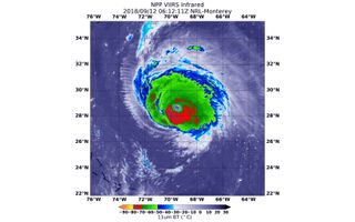 The Suomi NPP satellite captured this infrared image of Hurricane Florence on Sept. 12, 2018, using an instrument known as the Visible Infrared Imaging Radiometer Suite (VIIRS).