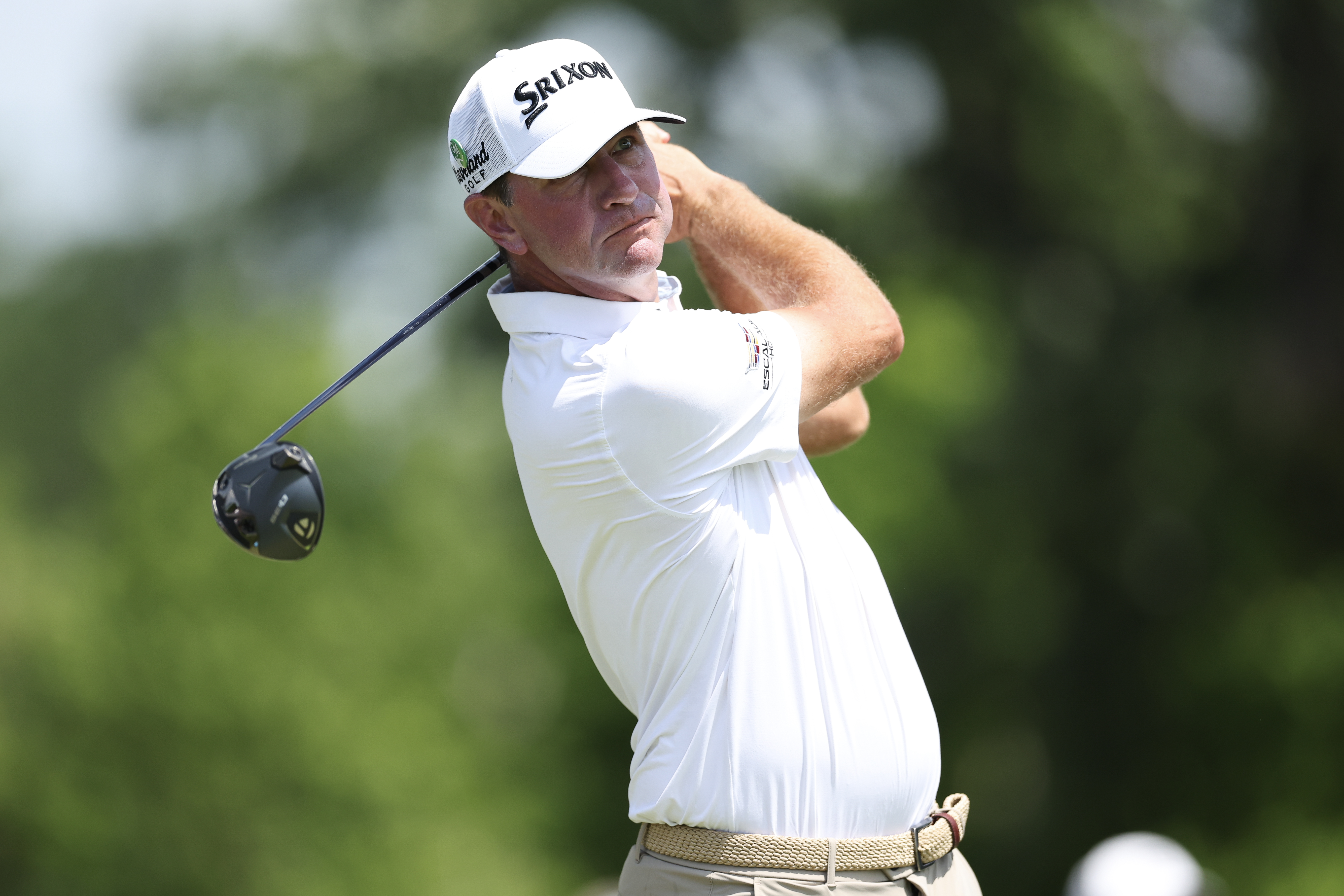 Lucas Glover hits a tee shot with a driver