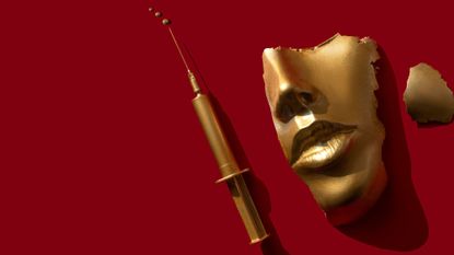 Gold colored syringe and face/ mask on the red background, symbolising masseter Botox