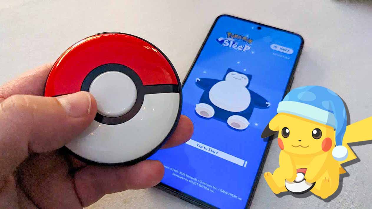 Pokémon GO Plus+ next to Pokémon Sleep app.
