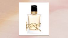 A bottle of YSL Libre pictured on a pink, orange and yellow gradient, textured template