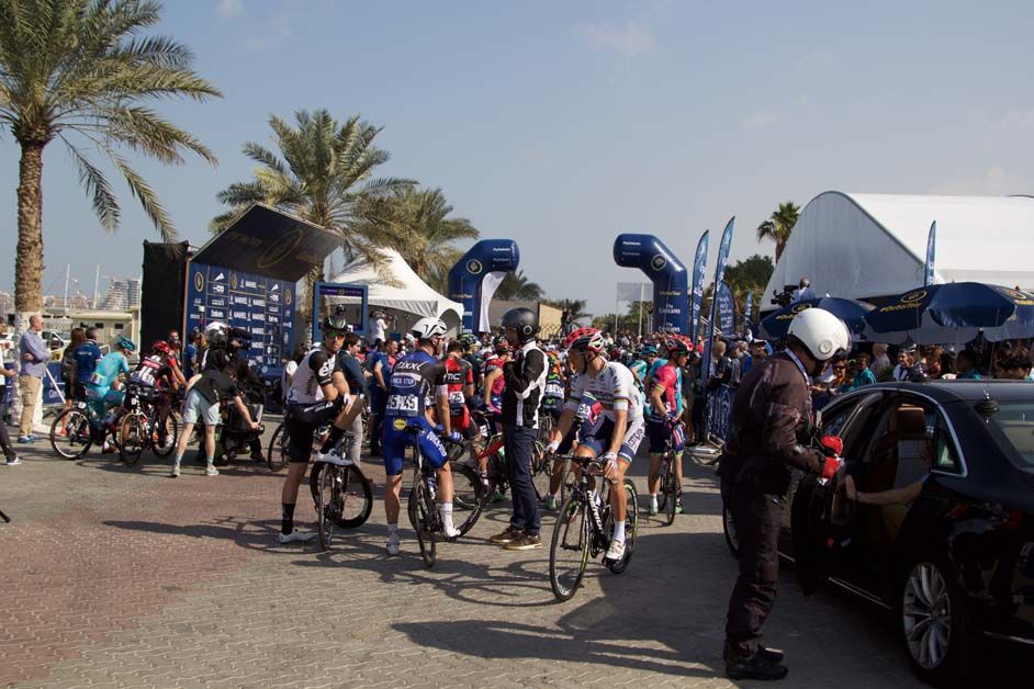 The peloton prepares for the start of stage 2 of the Dubai Tour