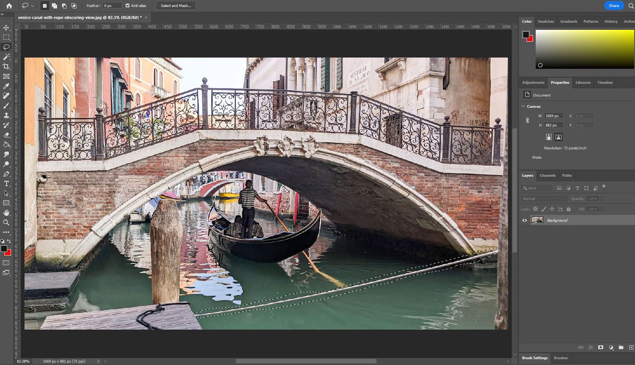 Venice Canal with rope selected in Photoshop obstructing view.