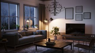 Living room with ambient lighting with side lamp, floor lamp and overhead chandelier