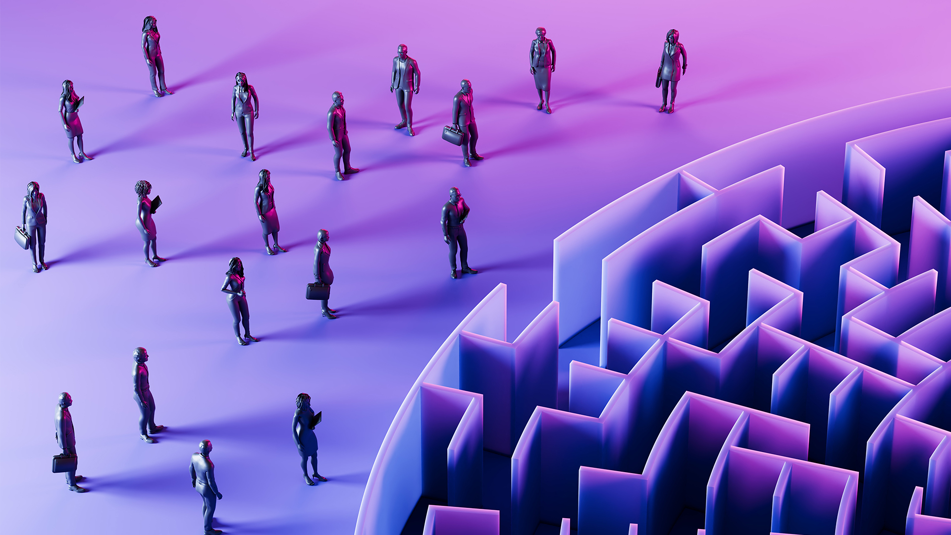 Metallic business people figurines standing at the entrance to a maze. 