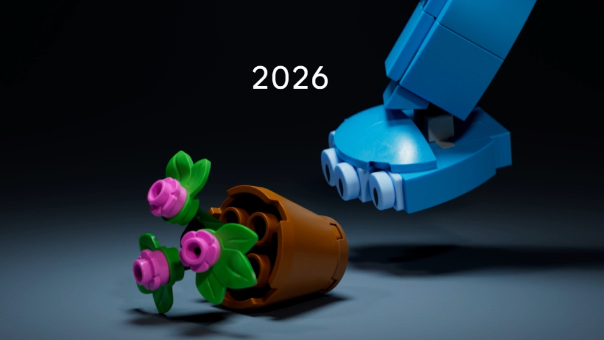 Lego KPop Demon Hunters set leg knocking over a plant pot, with '2026' visible in the background