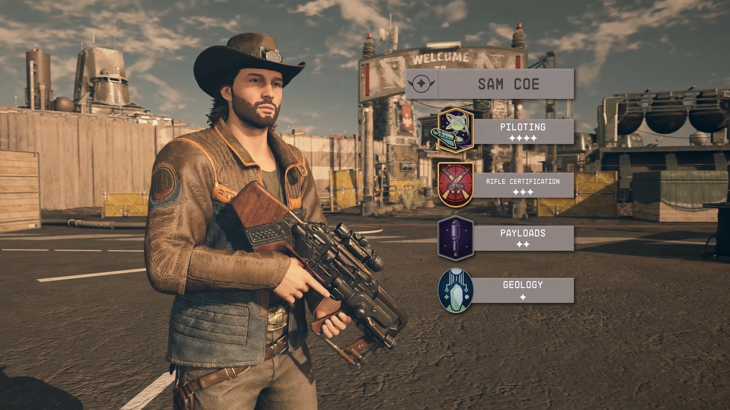Starfield companions - Sam Coe, a man with facial hair and a cowbody hat holds a gun standing beside an overlay showing his skills