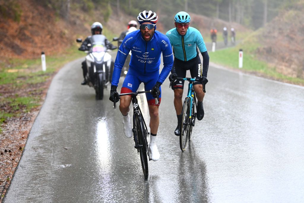LIENZ AUSTRIA APRIL 22 LR Thibaut Pinot of France and Team Groupama FDJ and David De La Cruz Melgarejo of Spain and Team Astana Qazaqstan compete in the breakaway during the 45th Tour of the Alps 2022 Stage 5 a 1145km stage from Lienz to Lienz TouroftheAlps on April 22 2022 in Lienz Austria Photo by Tim de WaeleGetty Images