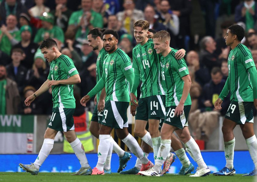 Northern Ireland players celebrate after Isaac Price scored to complete a hat-trick in the UEFA Nations League match against Bulgaria at Windsor Park in Belfast, October 2024