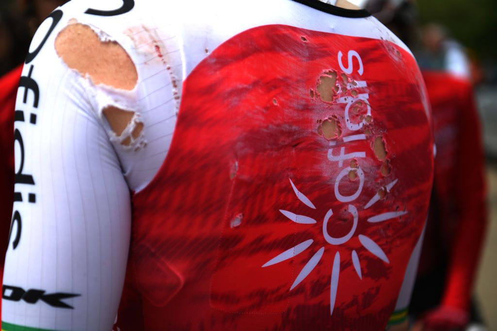 MELGARDEFERNAMENTAL SPAIN MAY 18 Rider injured of Team Cofidis during the the 9th Vuelta a Burgos Feminas 2024 Stage 3 a 122km stage from Roa de Duero to Melgar de Fernamental UCIWWT on May 18 2024 in Melgar de Fernamental Spain Photo by Alex BroadwayGetty Images