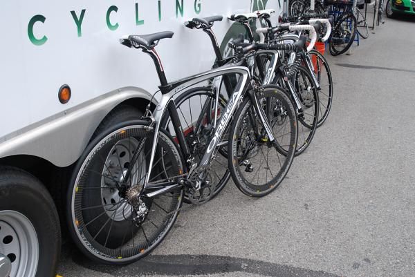 The Kelly Benefit Strategies team has a line of Orbea Orcas awaiting riders.