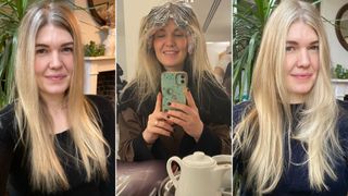 Fiona pictured before, during and after having herringbone highlights at John Frieda Salon
