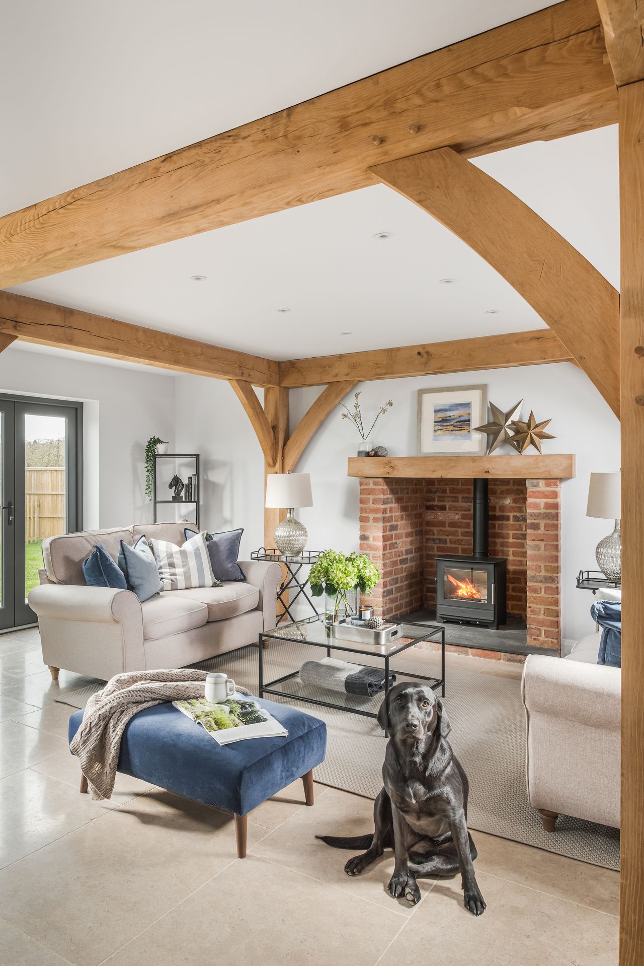 living room with woodburning stove in living room