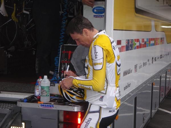 Tristan Hoffman will lead his riders from the team car but today he was out on the road with them.