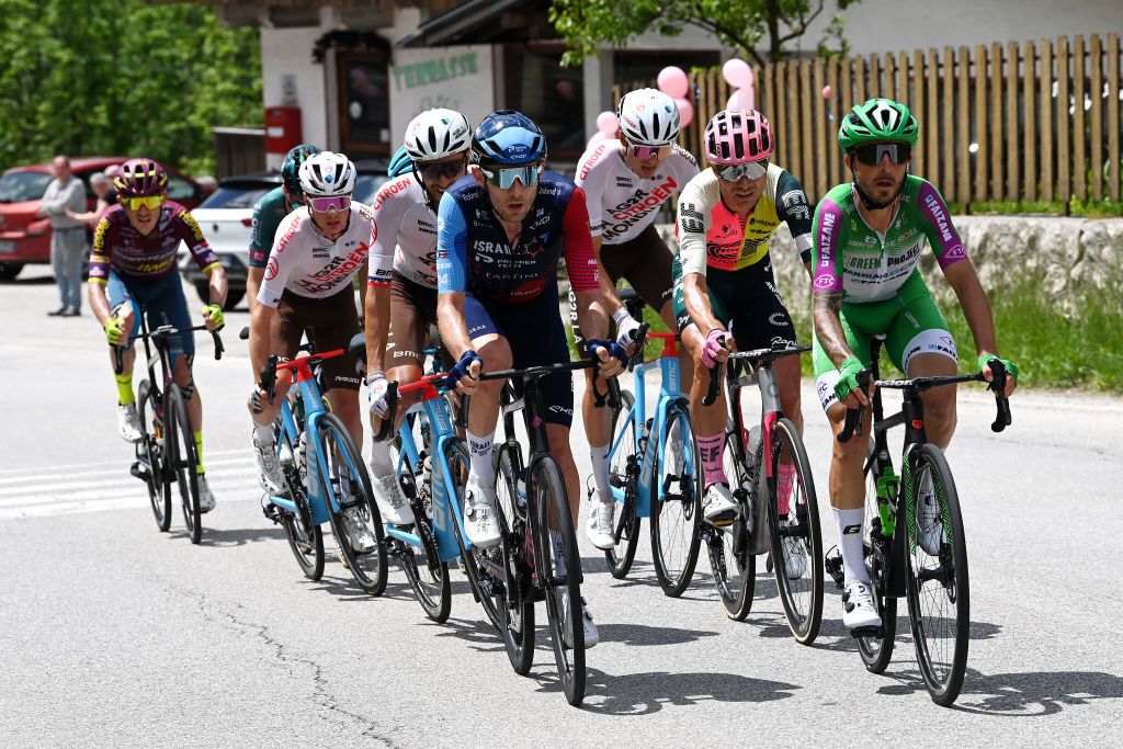 TRE CIME DI LAVAREDO ITALY MAY 26 LR Derek Gee of Canada and Team Israel Premier Tech and Davide Gabburo of Italy and Team Green ProjectBardiani CSFFaizan compete in the breakaway during the 106th Giro dItalia 2023 Stage 19 a 183km stage from Longarone to Tre Cime di Lavaredo 2307m UCIWT on May 26 2023 in Tre Cime di Lavaredo Italy Photo by Tim de WaeleGetty Images