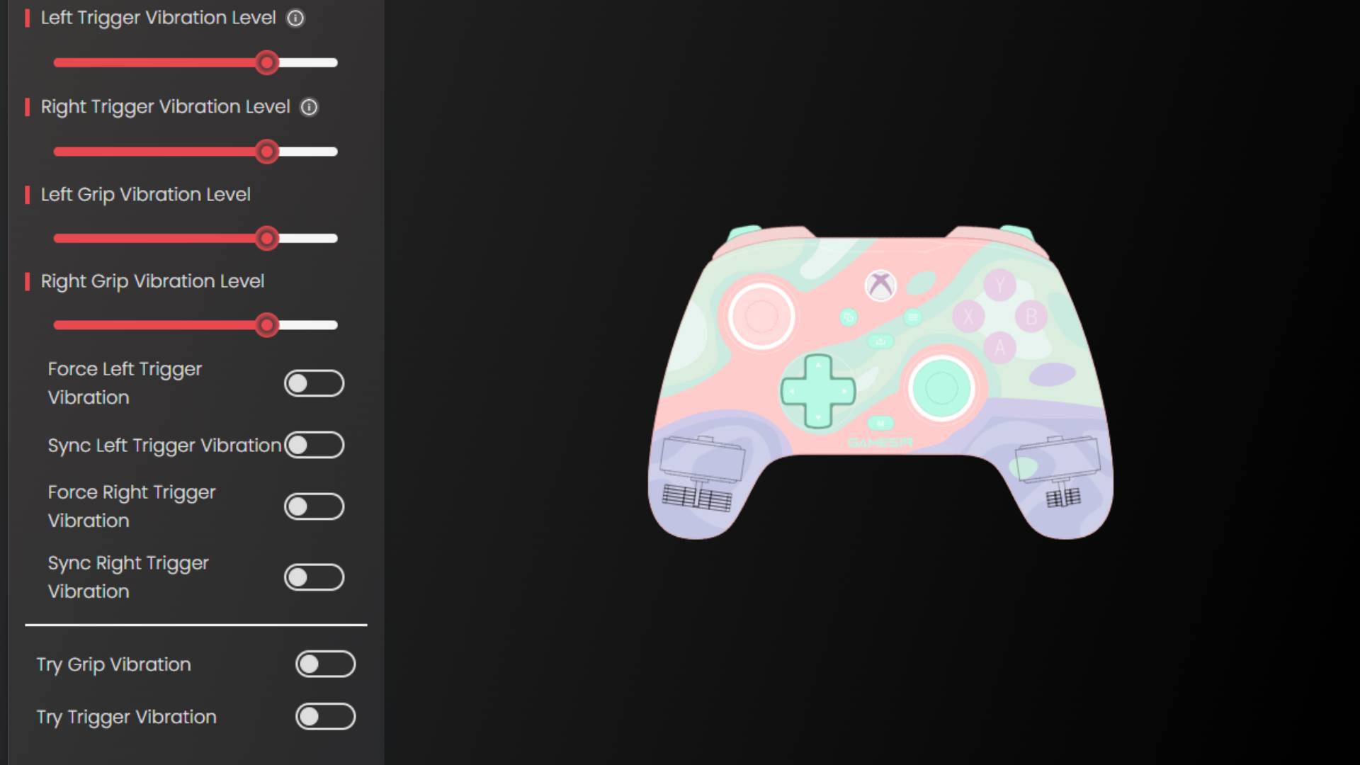 Screenshots of all the options available in the GameSir Nexus software.