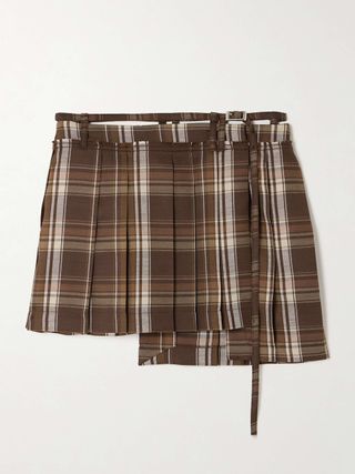 Asymmetric pleated checked wool blend mini skirt with belt