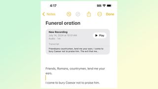 Audio transcript and embedded recording in the iOS 18 Notes app
