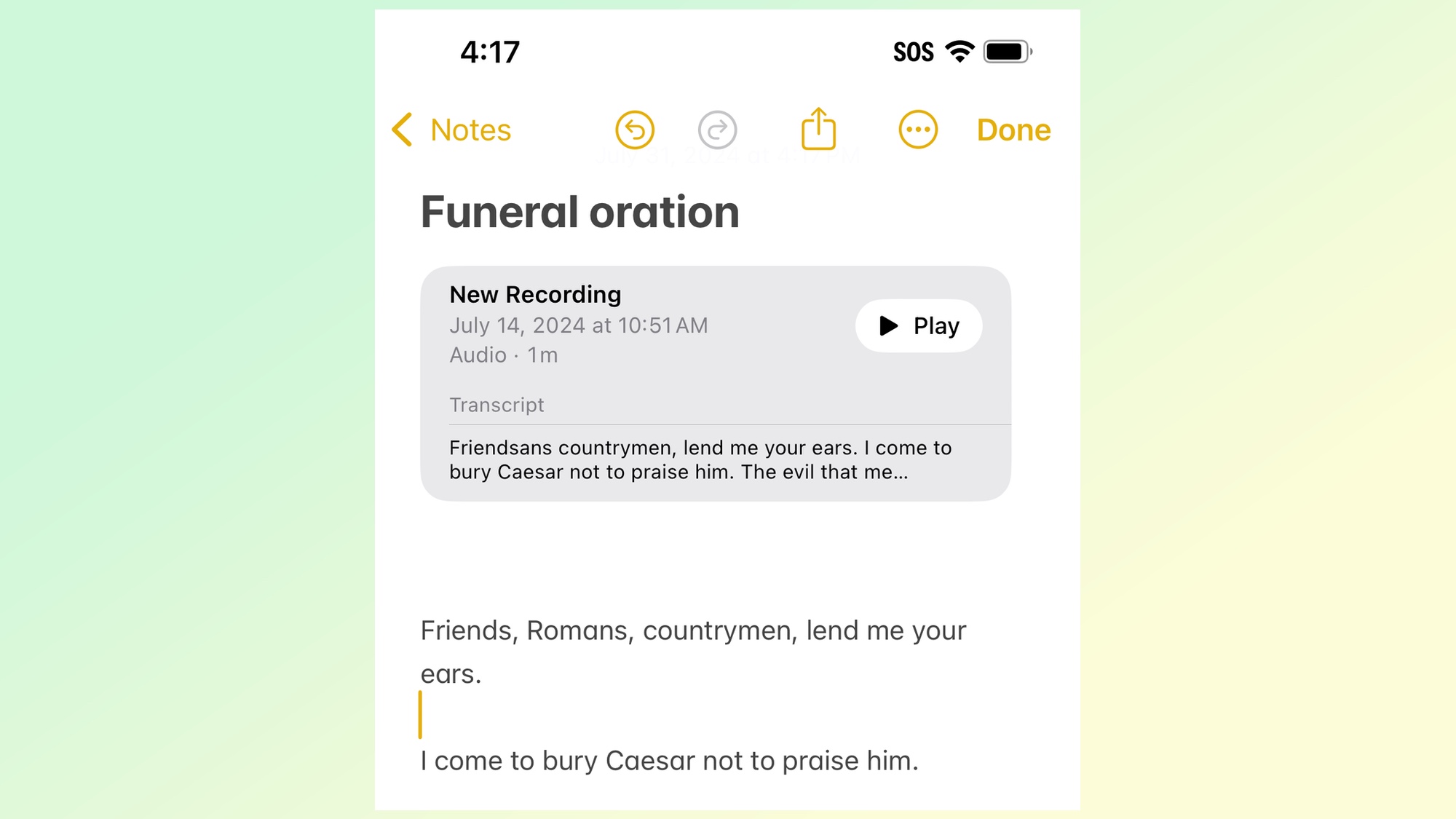 Audio transcript and embedded recording in the iOS 18 Notes app