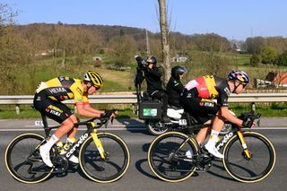 HARELBEKE BELGIUM MARCH 25 LR Christophe Laporte of France and Wout Van Aert of Belgium and Team Jumbo Visma compete in the breakaway during the 65th E3 Saxo Bank Classic 2022 a 2039km one day race from Harelbeke to Harelbeke E3SaxobankClassic WorldTour on March 25 2022 in Harelbeke Belgium Photo by Tim de WaeleGetty Images