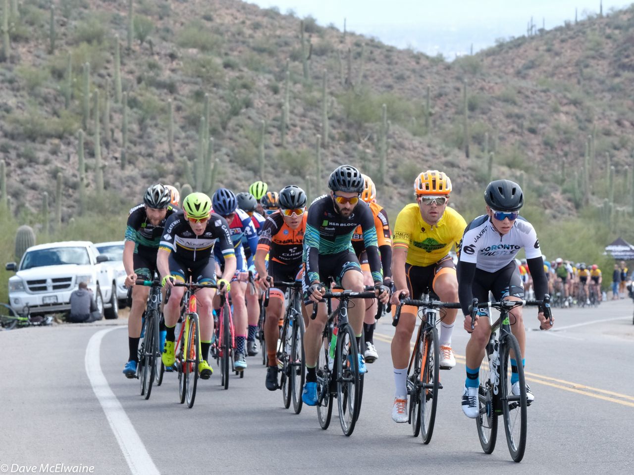 Yellow jersey rider Alec Cowan was attentive to all the moves during the circuit race