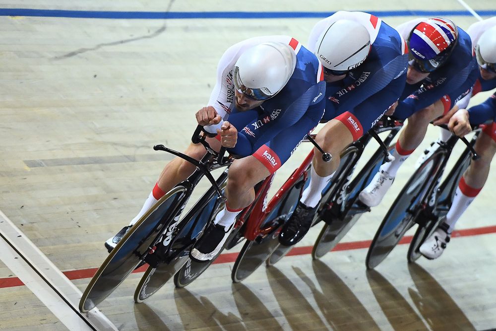 Great Britain's team members compete in the men's Team Pursuit final during the UCI Track Cycling World Championships