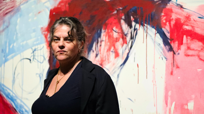 Tracey Emin in front of The End of Love at Tate Modern