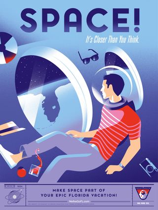 A limited edition poster from the world's first publicly-funded space tourism campaign, Vacationauts, which encourages people who visit Florida to incorporate rocket launches into their vacation plans.
