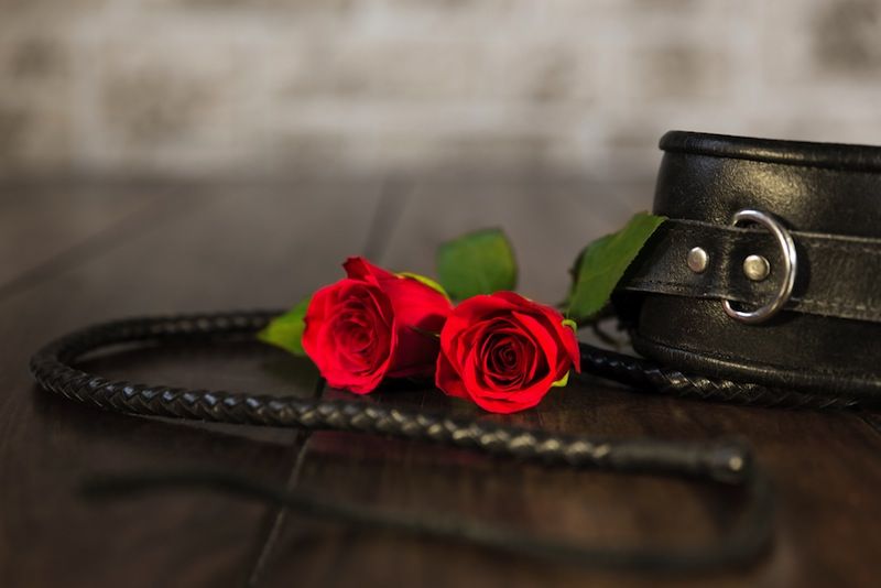 leather whip, cuffs and red roses.