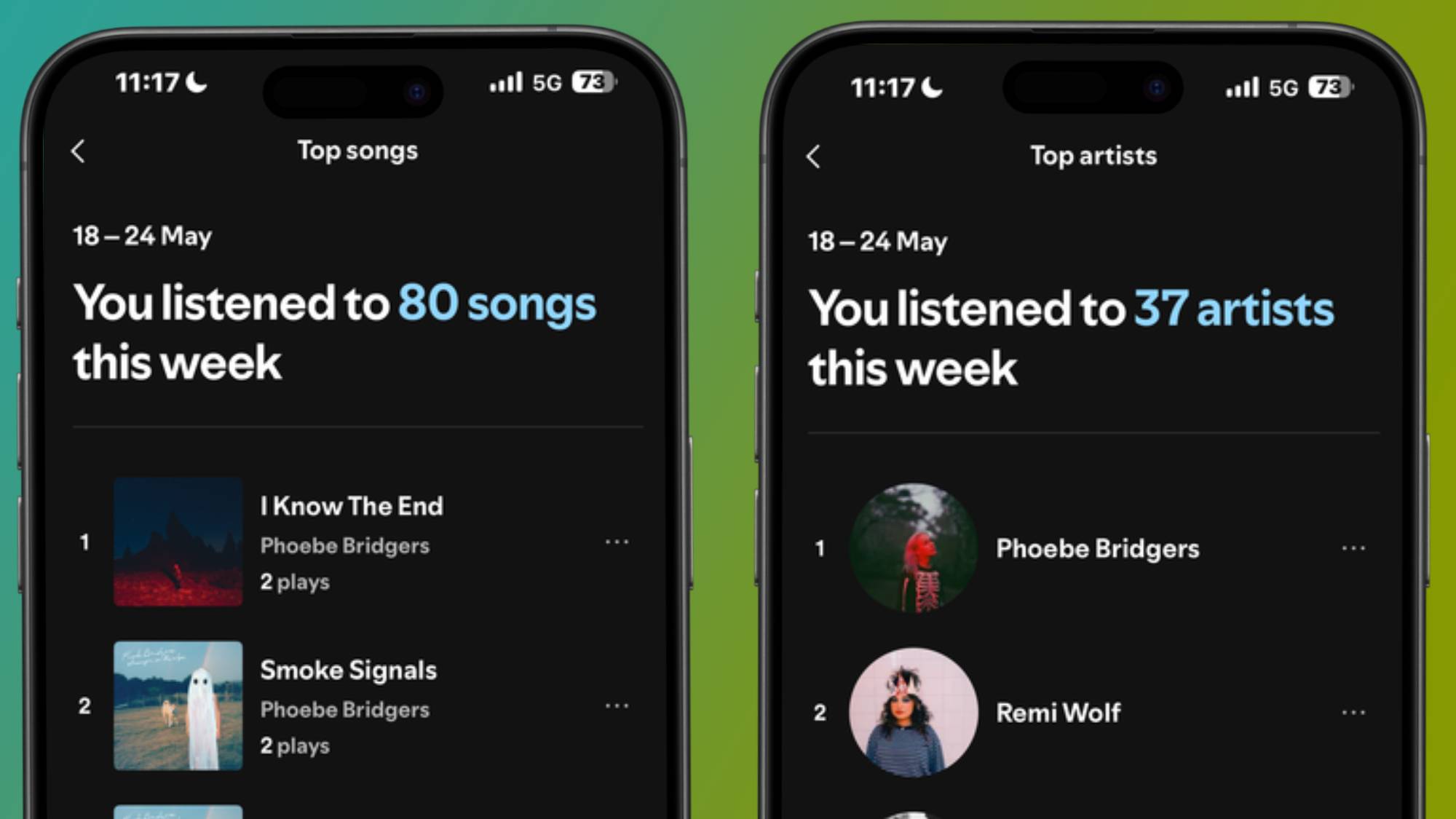Two smartphones showing top artists and songs in Spotify's listening stats