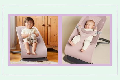 Two images showing the Ergobaby 3-in-1 Evolve Baby Bouncer, one featuring a smiling baby and one featuring an older child
