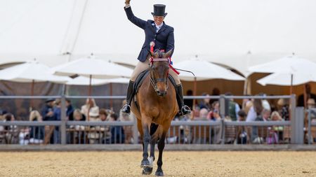 Vicky Smith and Tremarl Timpani trot towards the camera after being crowned riding horse champions at the 2026Royal Windsor