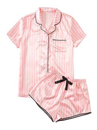 WDIRARA Women's Sleepwear Satin Short Sleeve Shirt and Shorts Pajama Set Striped Pink XXS