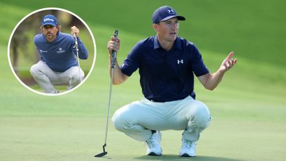 Jordan Spieth crouches down and holds his arms out after a putt with Kevin Kisner crouching down before a putt in the inset picture to his left