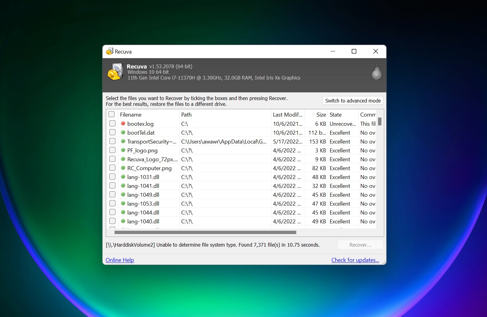 How to recover data from a hard drive step showing Recuva running on a Windows 11 PC