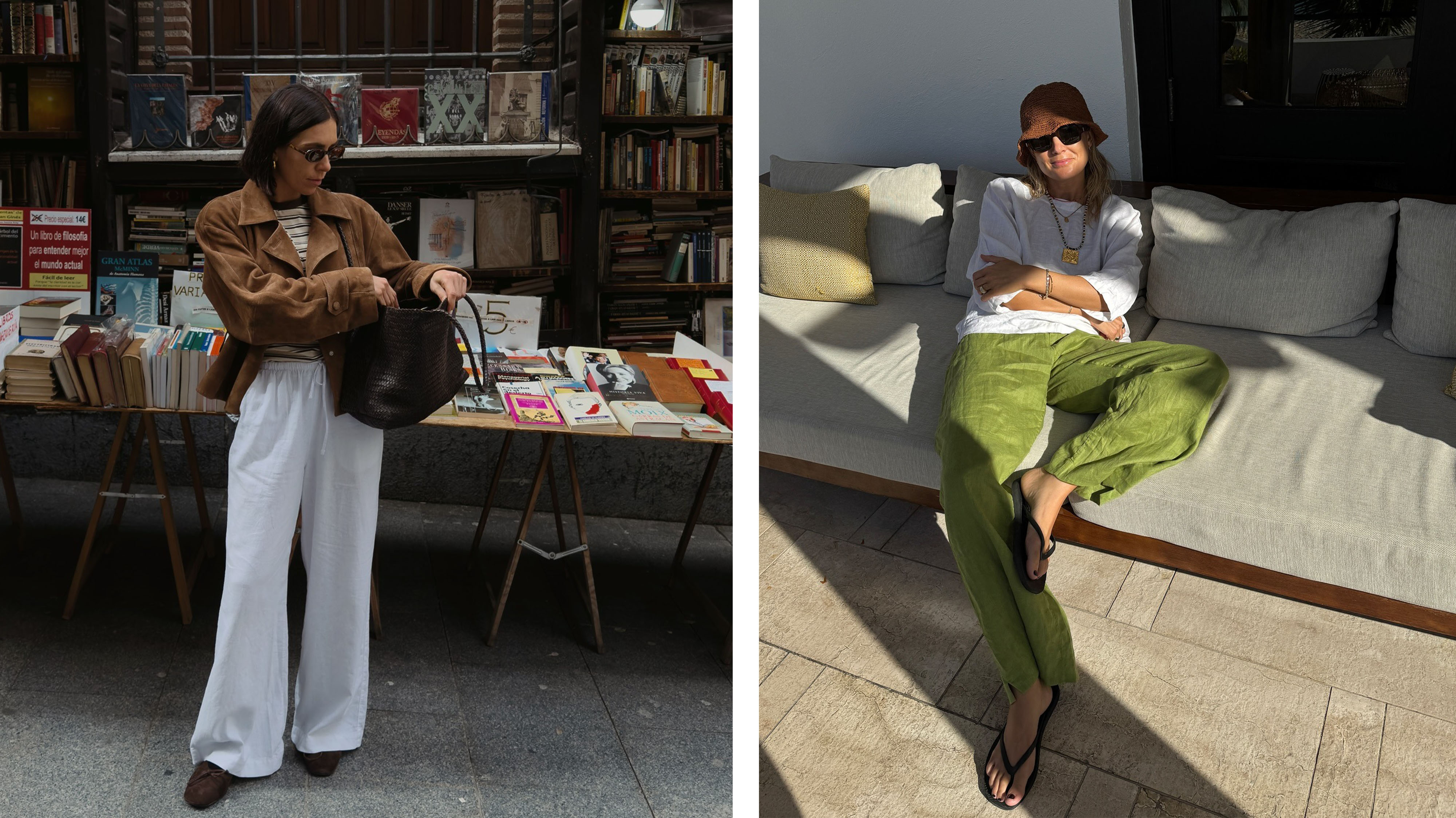 Women wearing linen pant outfits.