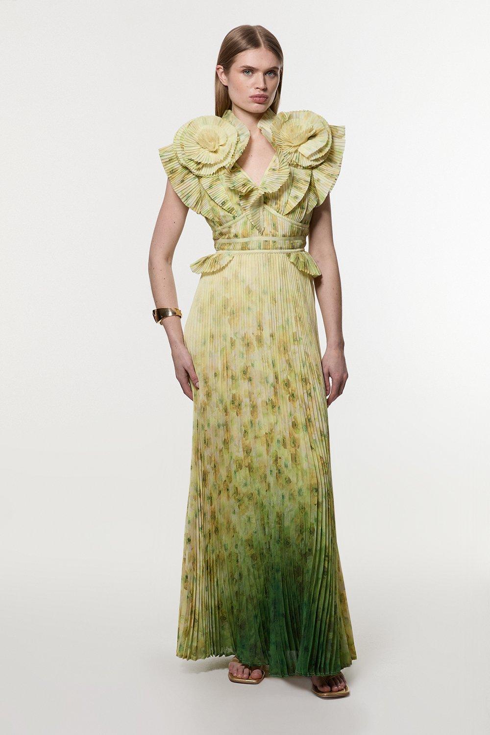 Crinkle Pleat Border Print Maxi Dress With Rosette Detail