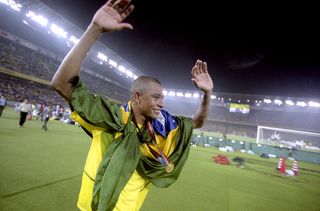 Gilberto Silva celebrates Brazil's World Cup win in 2002.